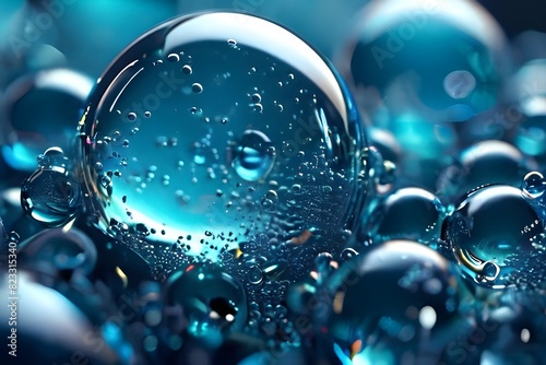 glass background in a circle Beautiful water droplets on transparent marbles with a vivid blue background Blue background Bokeh