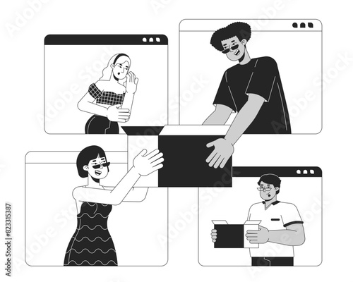 Multiethnic people buying and selling online black and white 2D illustration concept. Internet customers cartoon outline characters isolated on white. Consumption metaphor monochrome vector art