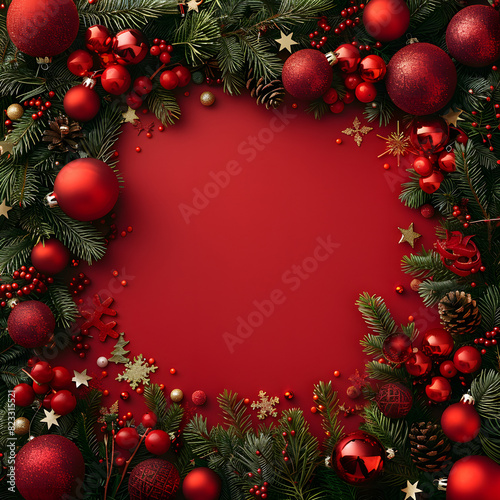 Festive red background adorned with Christmas ornaments and holiday decorations