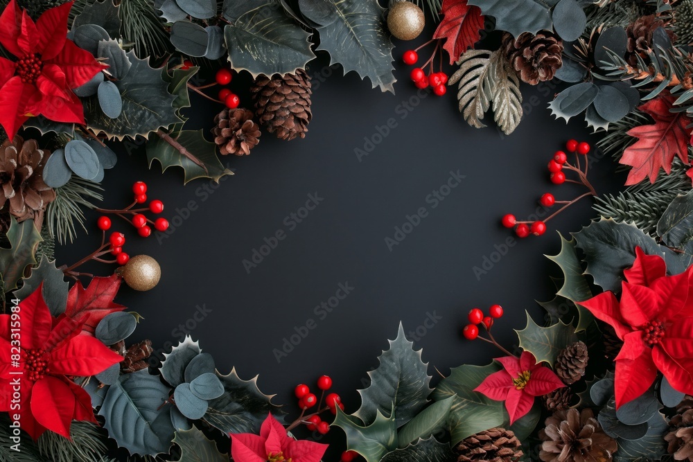 Christmas Frame with Red Roses and Pine Branches - Festive Christmas frame featuring red roses, pine branches, and red berries on a dark background, ideal for holiday decor and seasonal designs.
Christmas Frame with Red Roses and Pine Branches - Festive Christmas frame featuring red roses, pine branches, and red berries on a dark background, ideal for holiday decor and seasonal designs.
