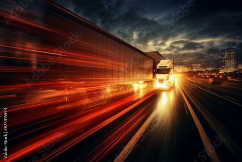 Blurred motion of a white truck on the freeway with city skyline at twilight