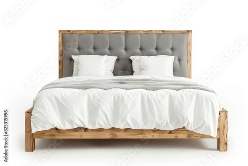 Modern bed with gray and white linen, wooden headboard isolated on white background