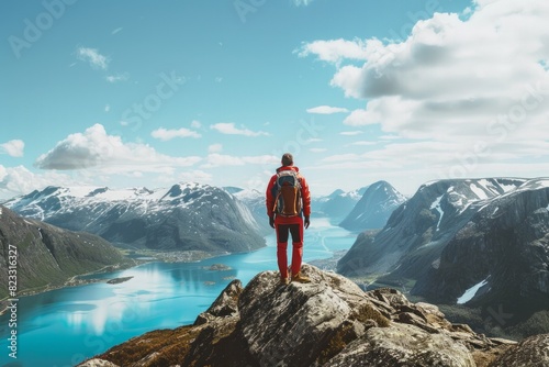 A hiker standing on top mountain, overlooking beautiful fjords and blue lakes, with snowcapped mountains and clear skies in the background photo