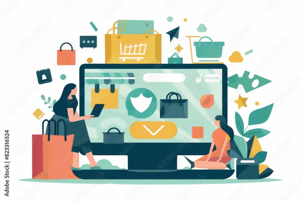 Vibrant vector illustration of secure online shopping with a laptop, shopping icons, and digital interface, emphasizing safety and connectivity in e commerce Vibrant vector illustration of secure online shopping with a laptop, shopping icons, and digital interface, emphasizing safety and connectivity in e commerce