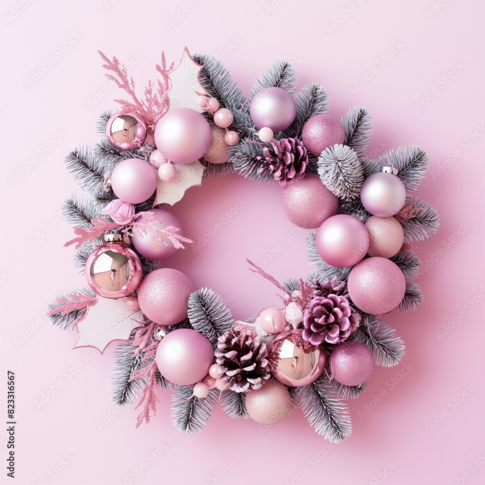 Pink and Silver Christmas Wreath with Ornaments - Elegant Christmas wreath adorned with pink and silver ornaments, perfect for holiday decor and seasonal advertising.