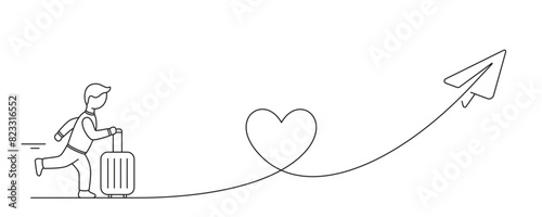 Tourist with luggage. Paper plane travel route. Line journey path with heart shape, travel paper plane. Business journey trip suitcase. Heart shaped flight route, paper plane and tourist. Vector
