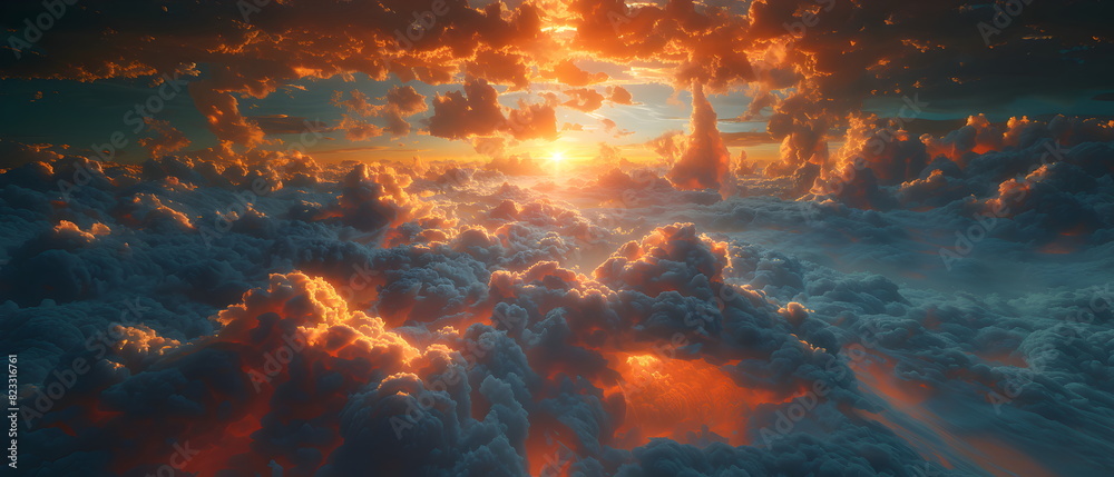 Fototapeta premium 64k, 8k widescreen, 21:9, cloud skyscape, Fiery Sky and Water Blend, A captivating scene merging of fire and water against a backdrop of azure sky and billowing clouds, evoking a mesmerized nature