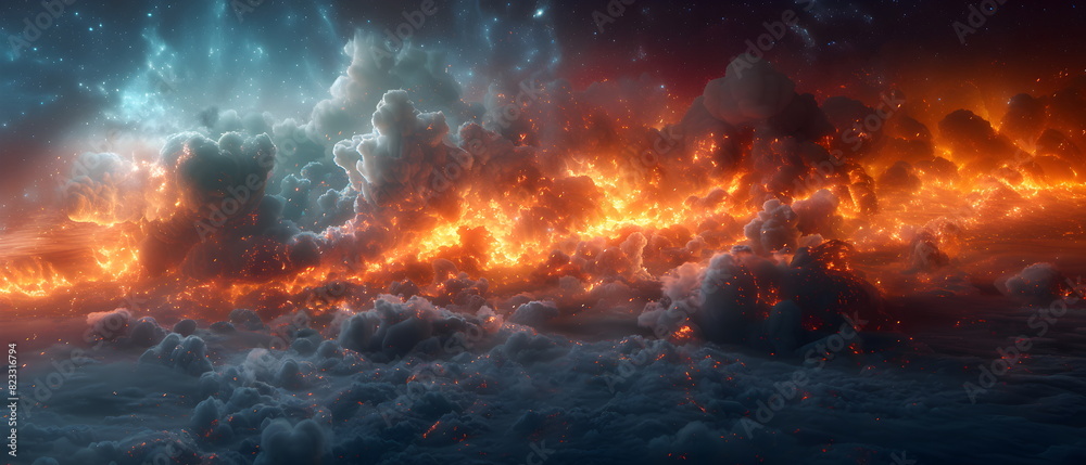 64k, 8k widescreen, 21:9, cloud skyscape, Fiery Sky and Water Blend, A captivating scene merging of fire and water against a backdrop of azure sky and billowing clouds, evoking a mesmerized nature 64k, 8k widescreen, 21:9, cloud skyscape, Fiery Sky and Water Blend, A captivating scene merging of fire and water against a backdrop of azure sky and billowing clouds, evoking a mesmerized nature