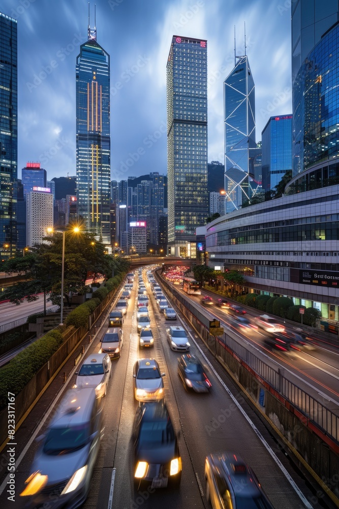 Flow of traffic on a evening highway in a city with modern high buildings Flow of traffic on a evening highway in a city with modern high buildings