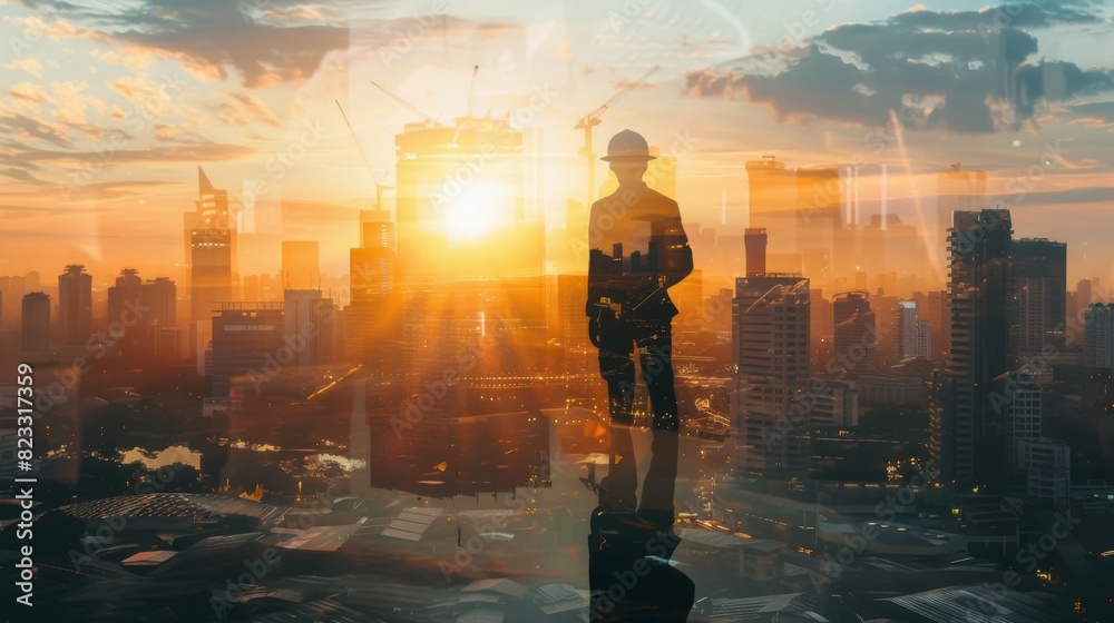 The double exposure image of the engineer standing back during sunrise overlay The double exposure image of the engineer standing back during sunrise overlay