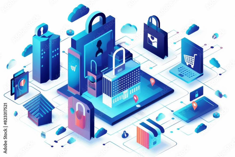 3D isometric ecommerce security vector with padlocks, shopping icons, and technology elements in blue, purple, and white, highlighting online store protection