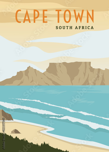 Vintage retro table mountain on cape town beach poster design illustration, seascape beach poster in south africa.