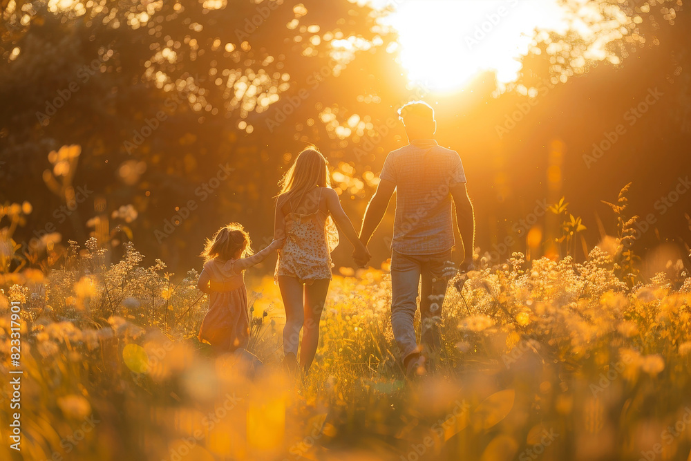 Happy family playing in the park at sunset with a beautiful golden glow Happy family playing in the park at sunset with a beautiful golden glow