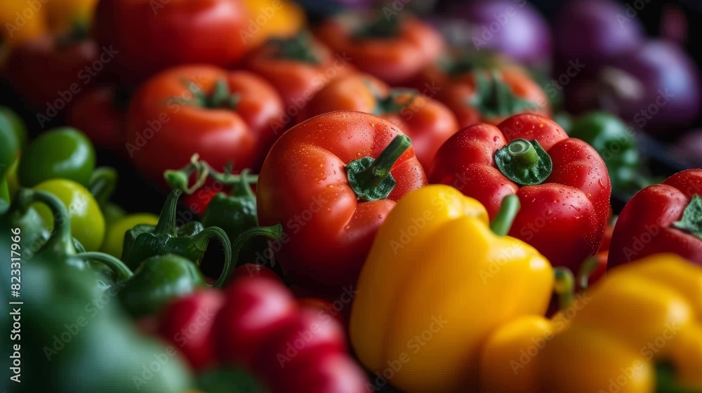 Close-up of assorted bell peppers in vivid red, yellow, and green, showcasing fresh, crisp textures. Close-up of assorted bell peppers in vivid red, yellow, and green, showcasing fresh, crisp textures.