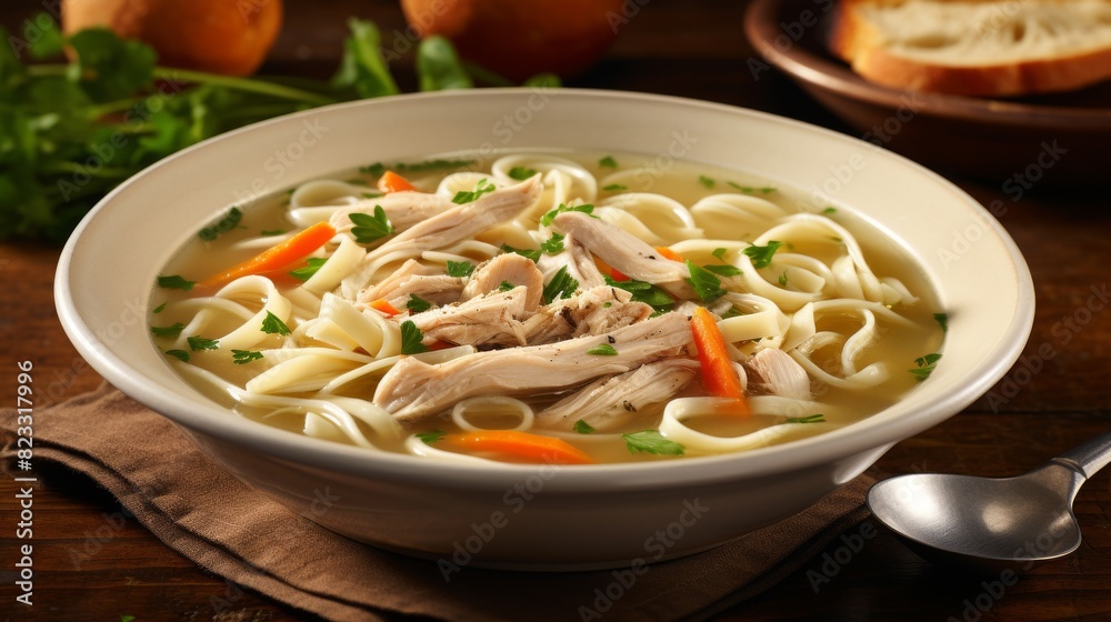Warm bowl of comforting chicken noodle soup Warm bowl of comforting chicken noodle soup