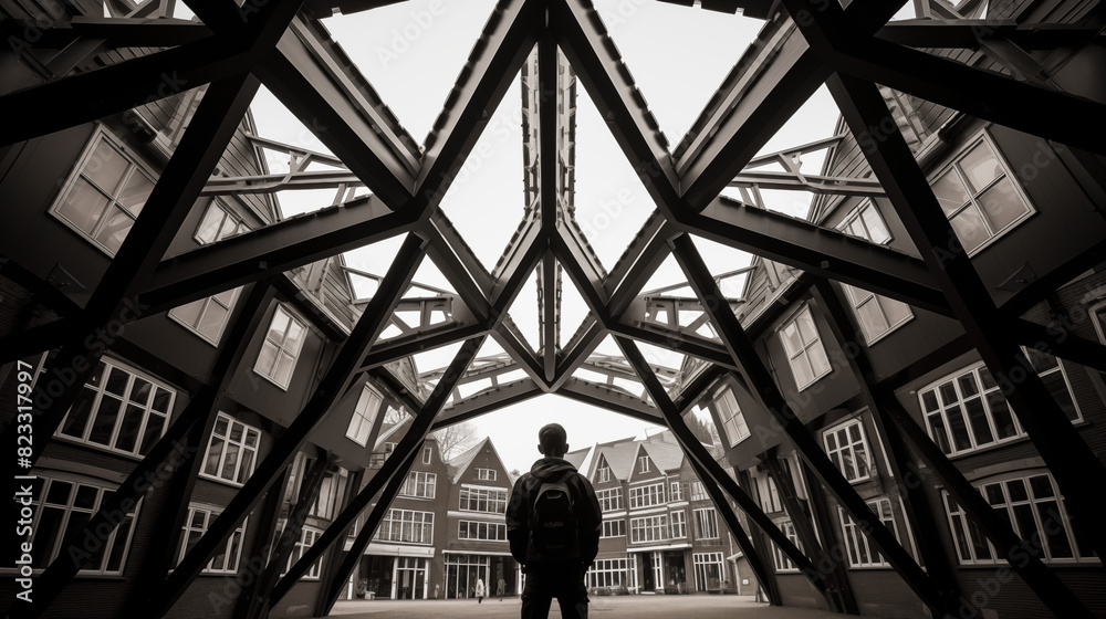 Silhouette of Man Under Geometric Steel Structure in Urban Setting - ai generative Silhouette of Man Under Geometric Steel Structure in Urban Setting - ai generative