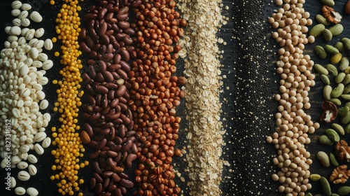 An array of legumes organized in rows on a dark background  showcasing varieties like white beans  lentils  chickpeas  and kidney beans.