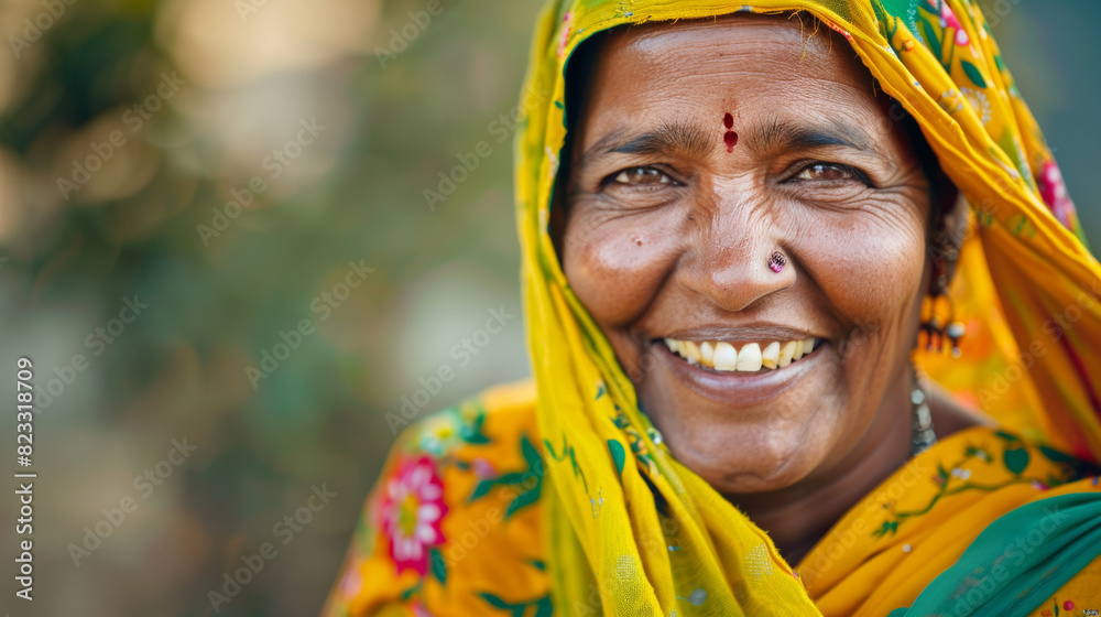 Warm-hearted woman in colorful attire, graced with a beaming Indian smile. Warm-hearted woman in colorful attire, graced with a beaming Indian smile.