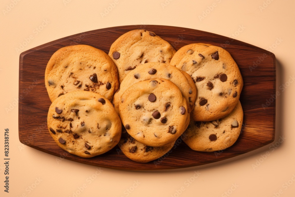 Delicious chocolate chip cookies on a wooden board against a pastel or soft colors background