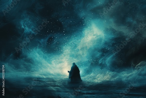 A lone figure meditates surrounded by ethereal blue mist, under a star-filled sky, creating a serene and mystical atmosphere.