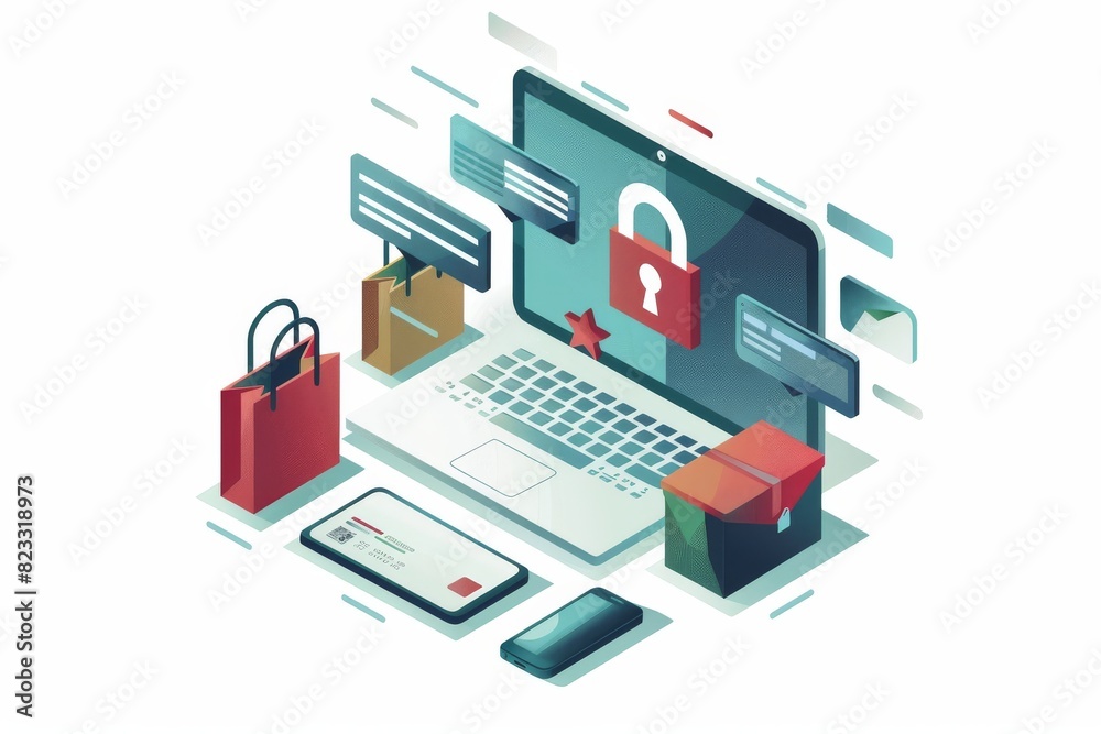 Ecommerce security vector with laptop, padlock, shopping bags, and icons in green and white, illustrating online shopping protection and digital safety Ecommerce security vector with laptop, padlock, shopping bags, and icons in green and white, illustrating online shopping protection and digital safety