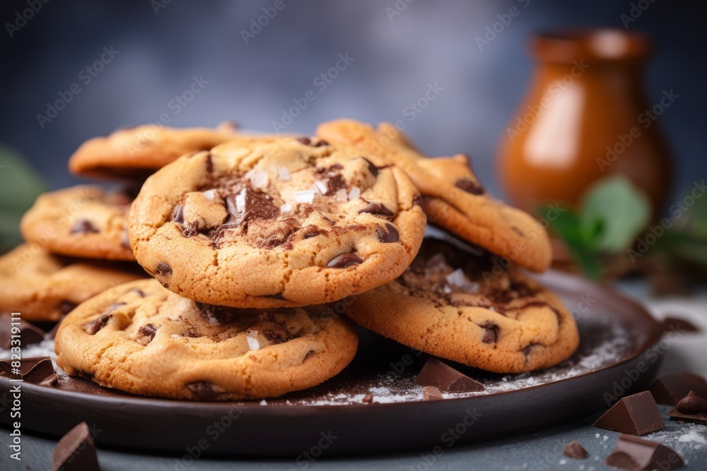 Tasty chocolate chip cookies on a slate plate against a pastel or soft colors background