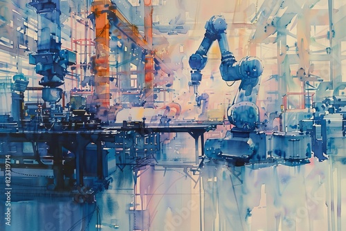 Experience the perfect fusion of technology and creativity as robots  people  and internet of things unite in a watercolor painting on the assembly line