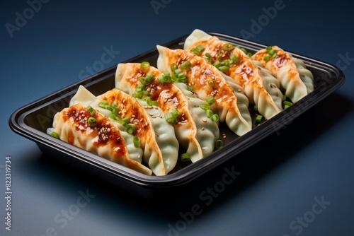 Tasty gyoza on a metal tray against a pastel or soft colors background