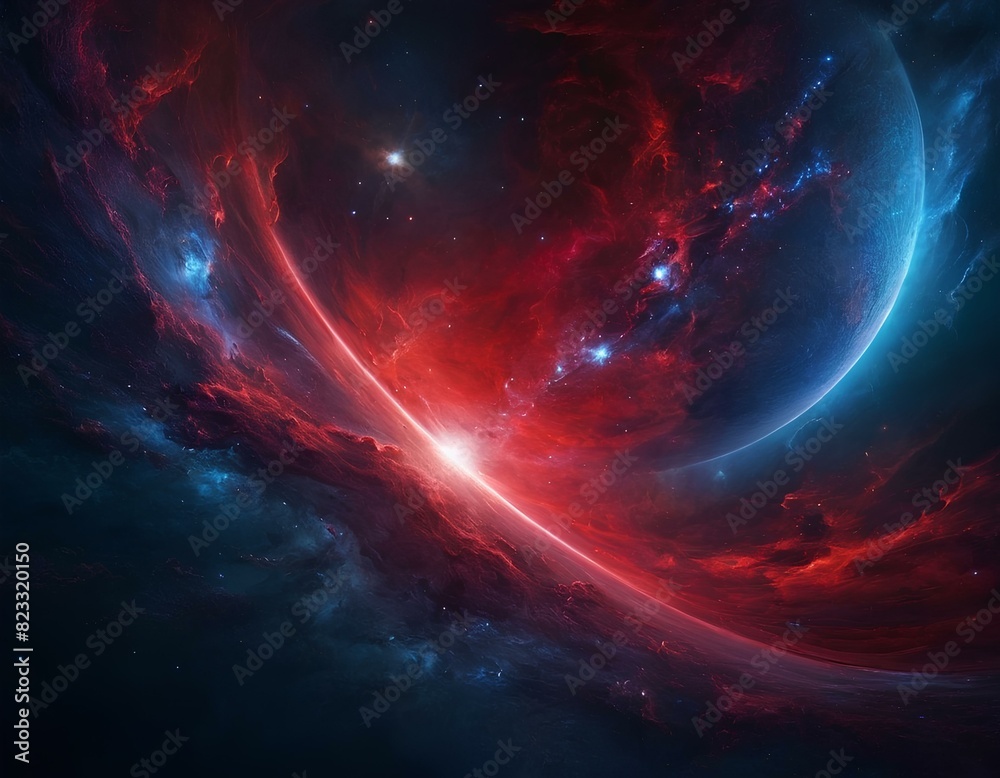 Fototapeta premium Red and blue abstract background illustration of space planets nebulas moons stars and rocks