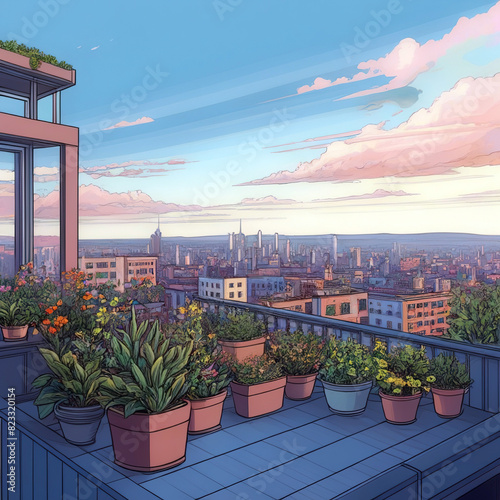 Pots of flowers on the balcony overlooking the modern city