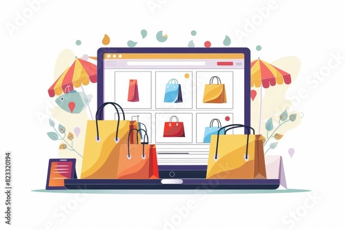 Ecommerce security vector with laptop, shopping bags, and storefront elements in yellow, orange, and white, highlighting online shopping protection and modern technology