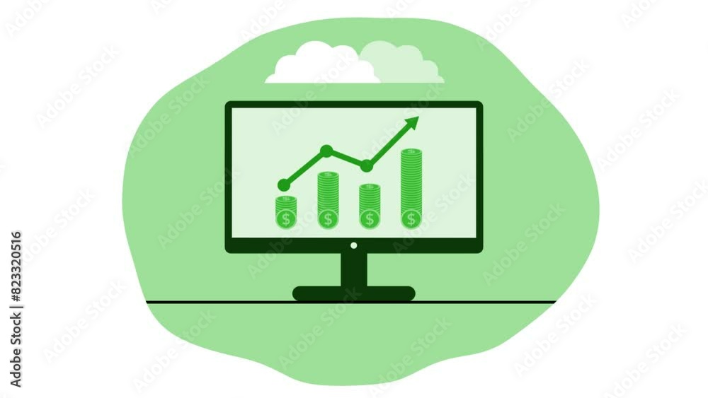 Business graph bar dollar coing pc monitor green color white background Business graph bar dollar coing pc monitor green color white background