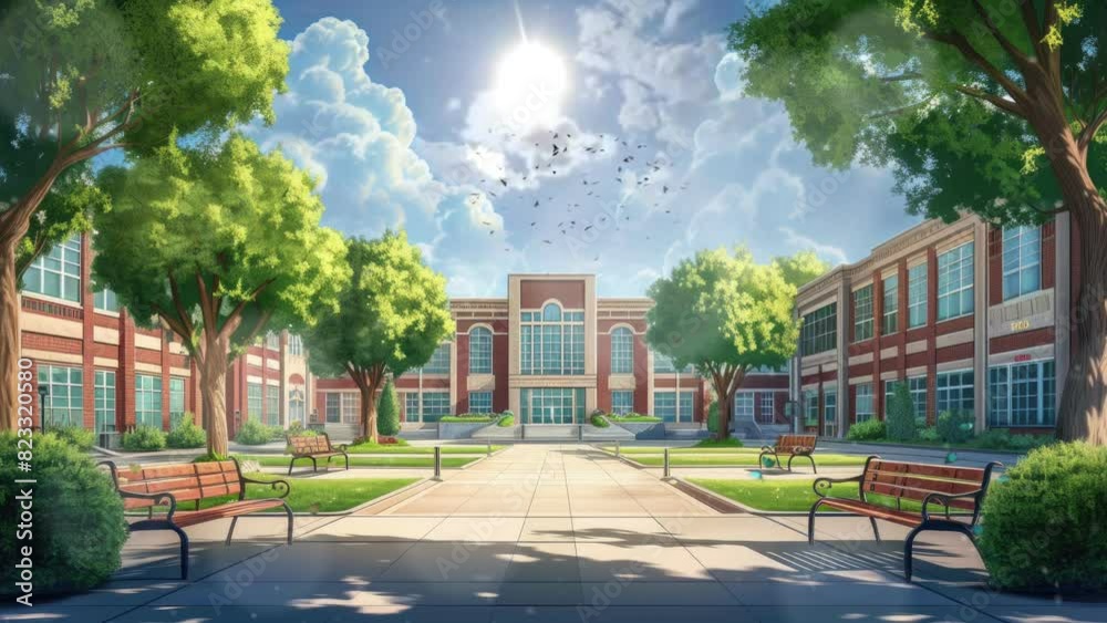 beautiful school building view bakcground. Cartoon or anime watercolor digital painting illustration style. seamless looping 4k video animation background.