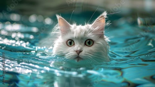 white Scottish straight-eared long-haired cat swimming
