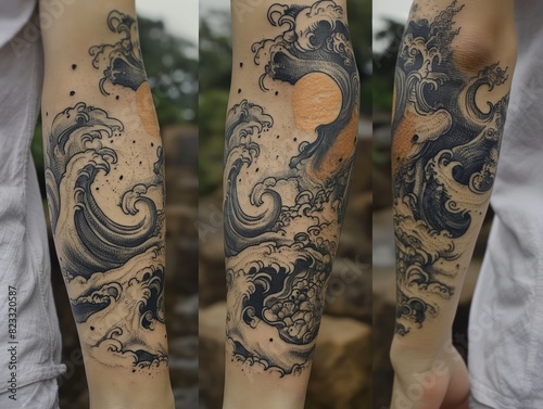 A person with a tattoo of waves on their arm. The tattoo is a mix of black and white and he is a representation of the ocean. The tattoo is quite large and covers a significant portion of the arm photo