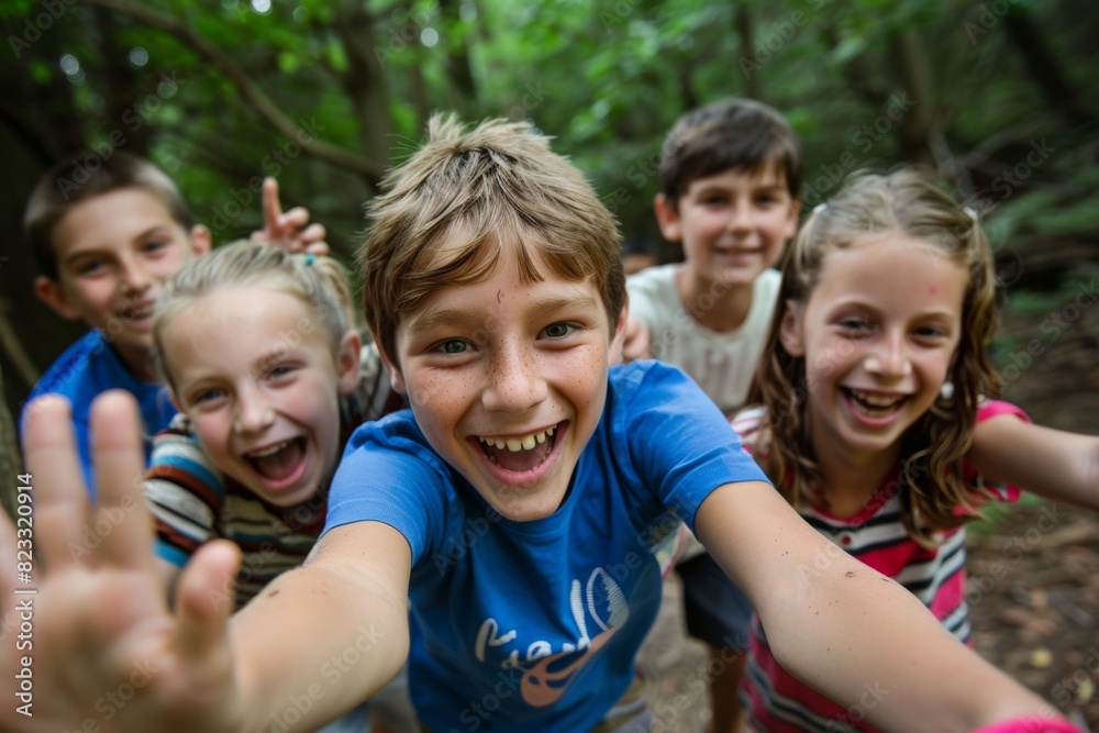 Group of happy children having fun together in the forest. Selective focus.