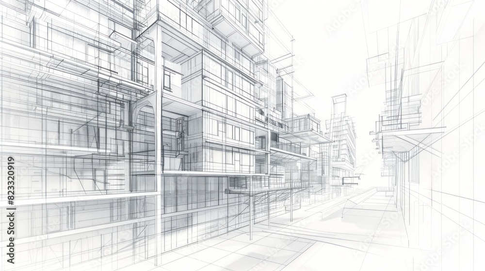 Abstract modern urban line drawing background with 3D illustration of architecture building construction perspective design Abstract modern urban line drawing background with 3D illustration of architecture building construction perspective design