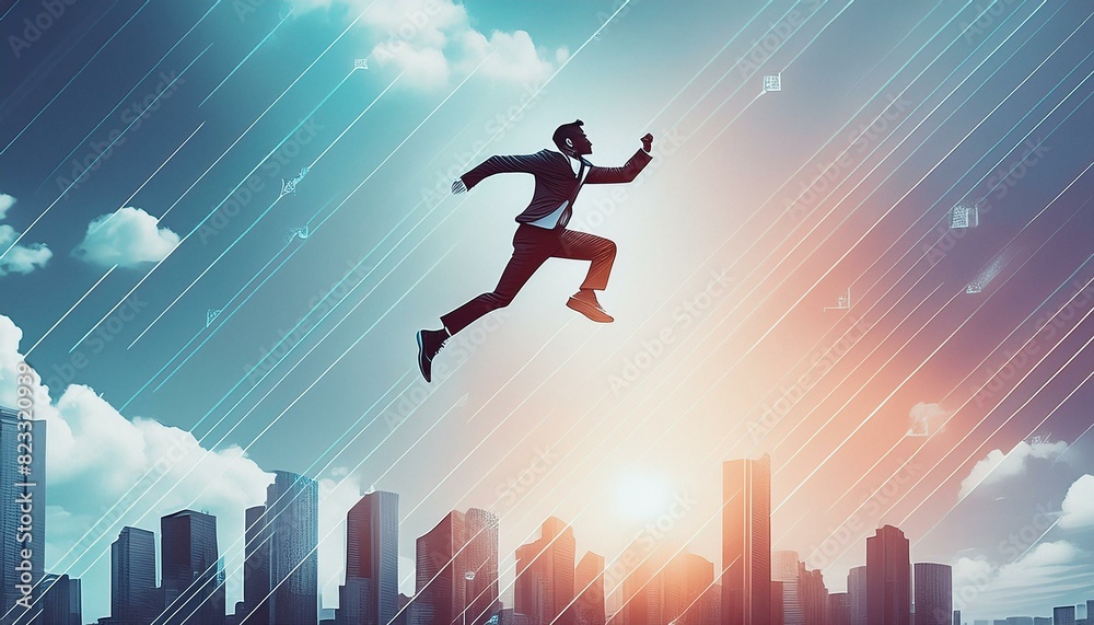 Determined man leaps through the air with arrows in a city background.Urban scene of a man dodging arrows in a powerful jump.business concept achievement background Determined man leaps through the air with arrows in a city background.Urban scene of a man dodging arrows in a powerful jump.business concept achievement background