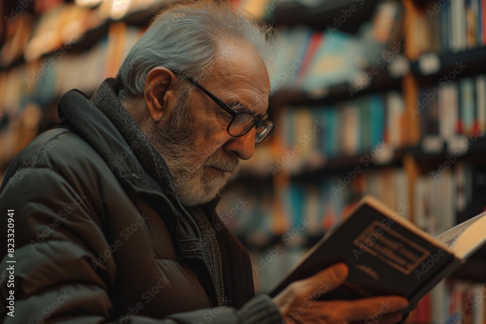Elderly Man with Glasses Deep in Thought Reading a Book in Library for Wisdom and Knowledge Themes Elderly Man with Glasses Deep in Thought Reading a Book in Library for Wisdom and Knowledge Themes