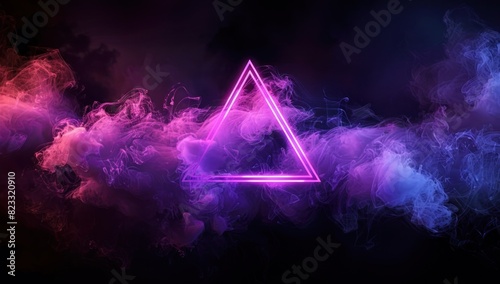 A neon glowing triangle in the dark surrounded by colorful smoke