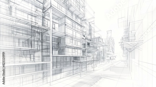 Abstract modern urban line drawing background with 3D illustration of architecture building construction perspective design