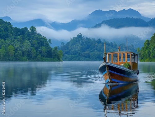 A boat is floating on a lake with mountains in the background. The water is calm and the sky is cloudy © MaxK