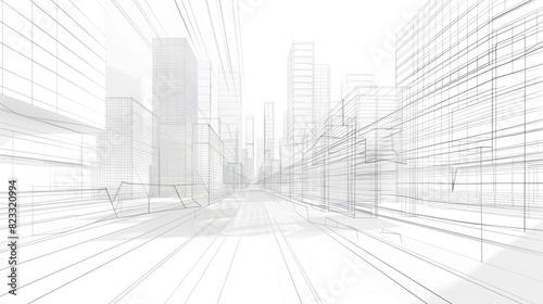 Abstract modern urban line drawing background with 3D illustration of architecture building construction perspective design
