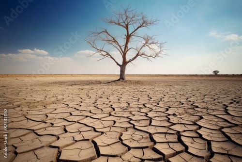 Solitary tree stands amidst a sunbaked desert with cracked soil under a vast, clear sky
