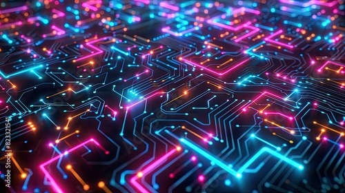 Abstract background of circuit board patterns illuminated with vibrant LED lights