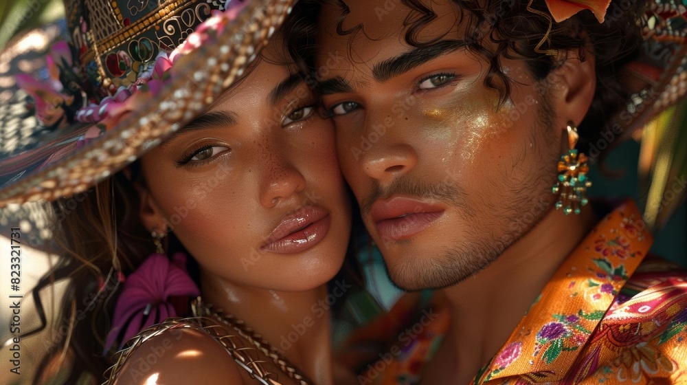 Queer couple in bohemian chic attire, festival setting, freespirited and stylish, lifestyle fashion ad