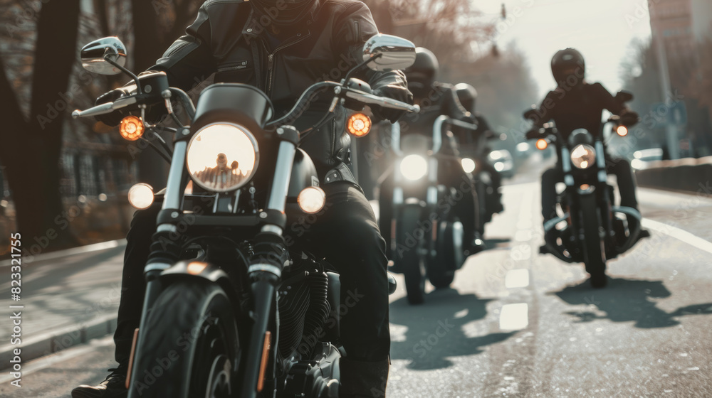 Bikers in formation ride through city streets, engines roaring in ...