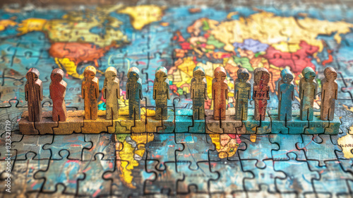 A close-up view of a puzzle featuring a map of the world, showcasing countries, continents, and oceans in intricate detail