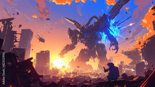 a giant robot fighting against an alien, amazing anime illustration photo