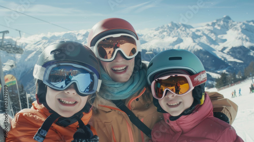 Family smiling on a ski slope with snow-covered mountains behind them.